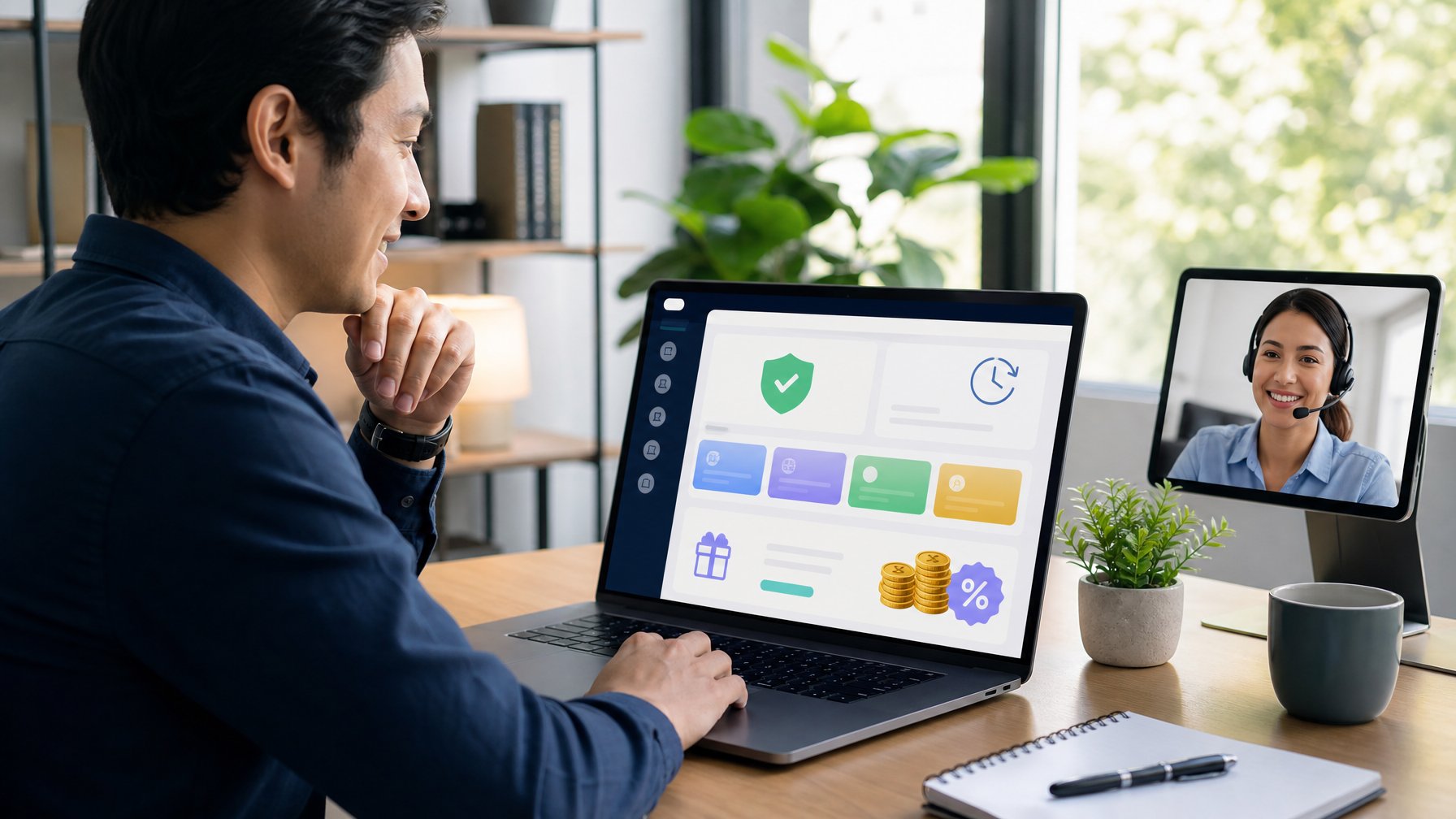 Seorang pengguna meninjau platform digital aman di laptop dengan simbol verifikasi, layanan bantuan, dan ikon hadiah.