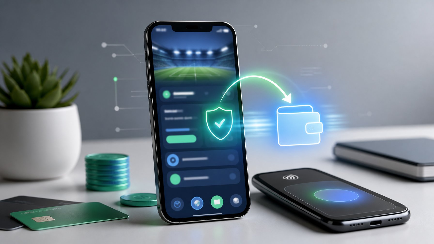 Ponsel menampilkan antarmuka pembayaran digital abstrak dengan perangkat pembayaran lain di atas meja.