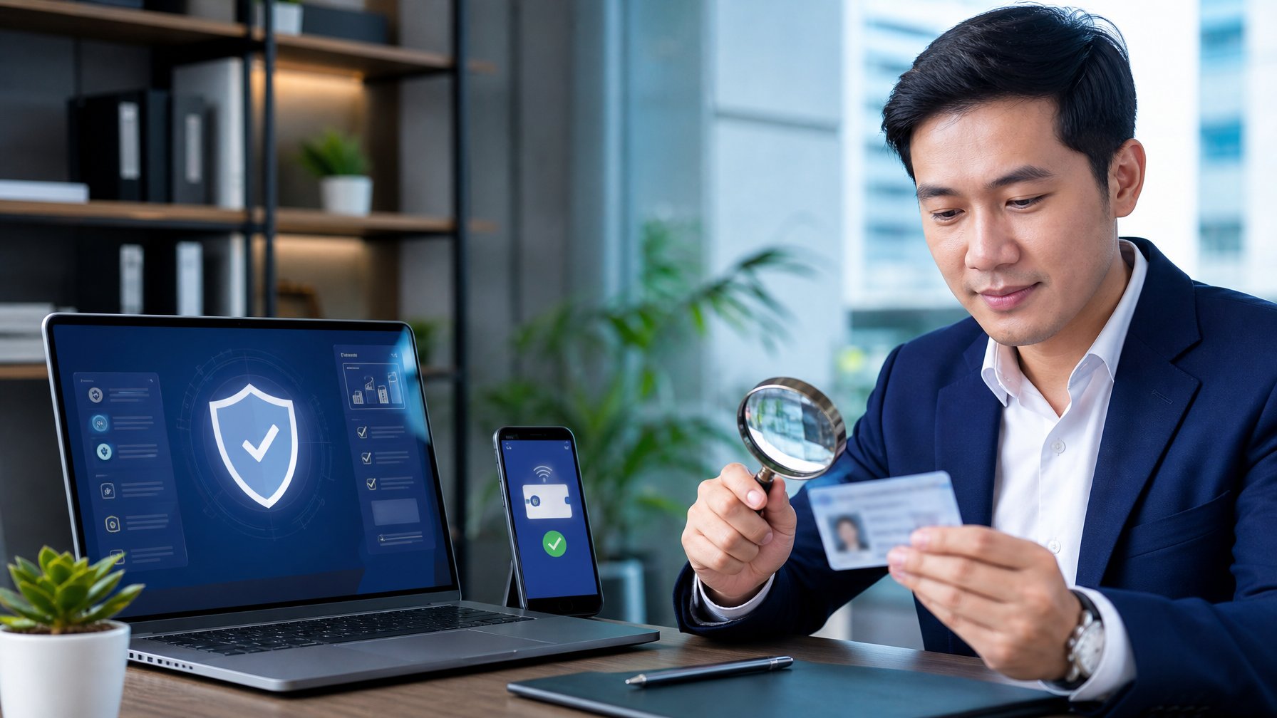 Seorang profesional memeriksa dasbor verifikasi platform dan konfirmasi pembayaran digital di meja kerja.