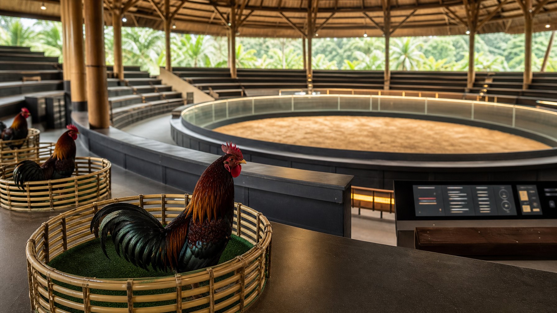 Arena ayam modern dengan suasana tertata, beberapa ayam jantan terawat, dan area penonton yang rapi.
