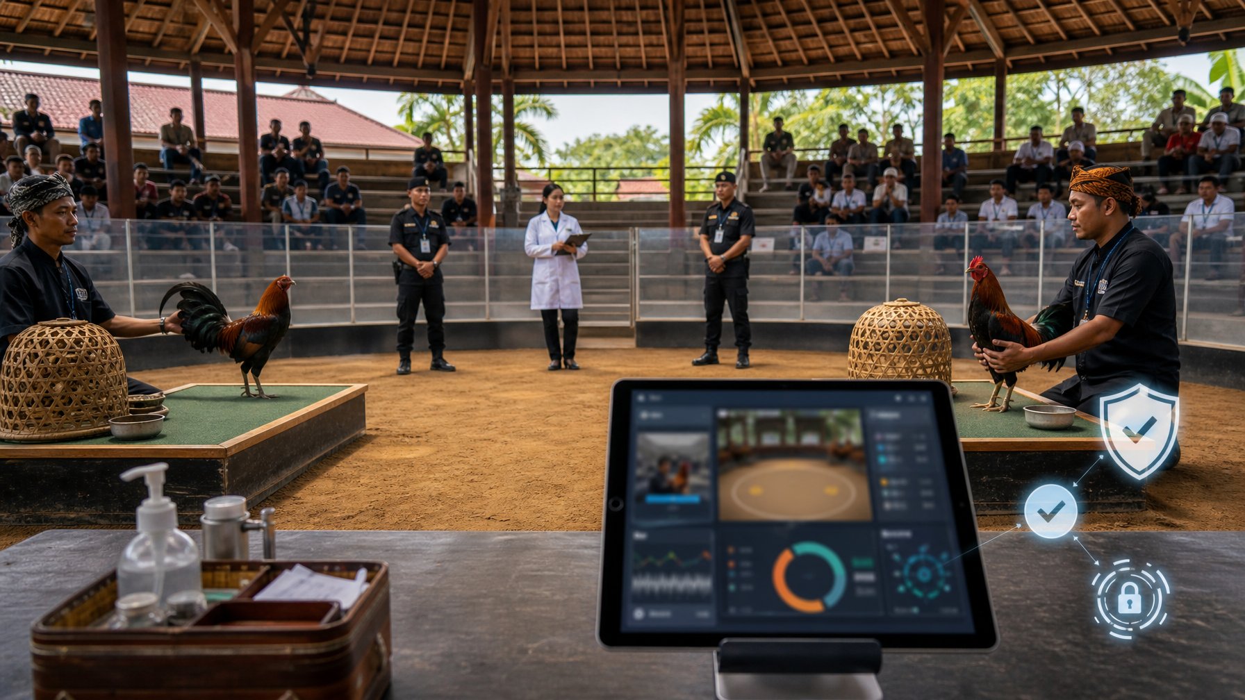 Arena sabung ayam yang tertata rapi dengan petugas, dokter hewan, dua ayam jantan sehat, dan tablet berisi tampilan digital abstrak.