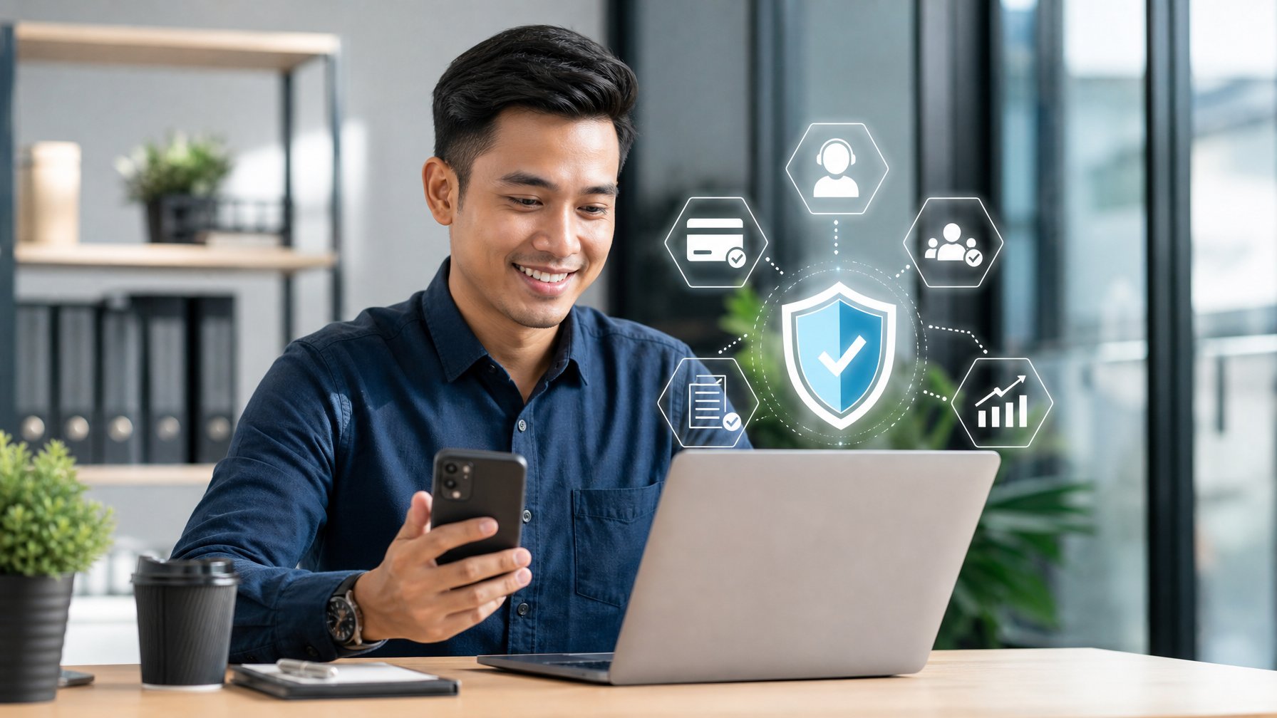 Profesional Indonesia menggunakan laptop dan ponsel di meja kerja dengan simbol keamanan dan verifikasi digital.