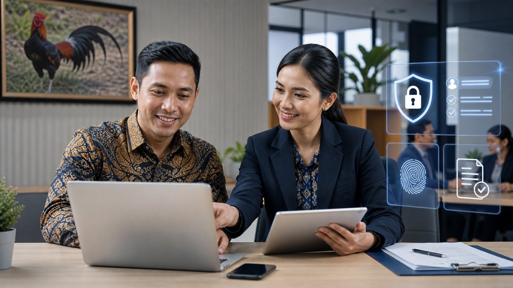 Pelanggan meninjau platform digital resmi bersama petugas layanan di kantor modern dengan simbol keamanan dan verifikasi.
