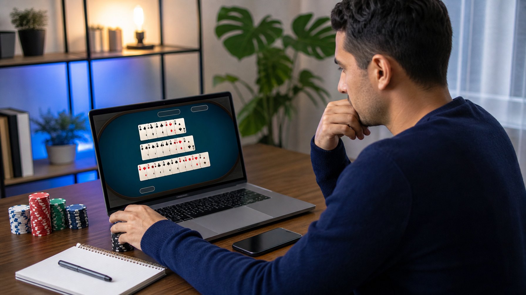 Seseorang mempelajari susunan kartu Capsa Susun di depan laptop dengan perlengkapan permainan di meja.