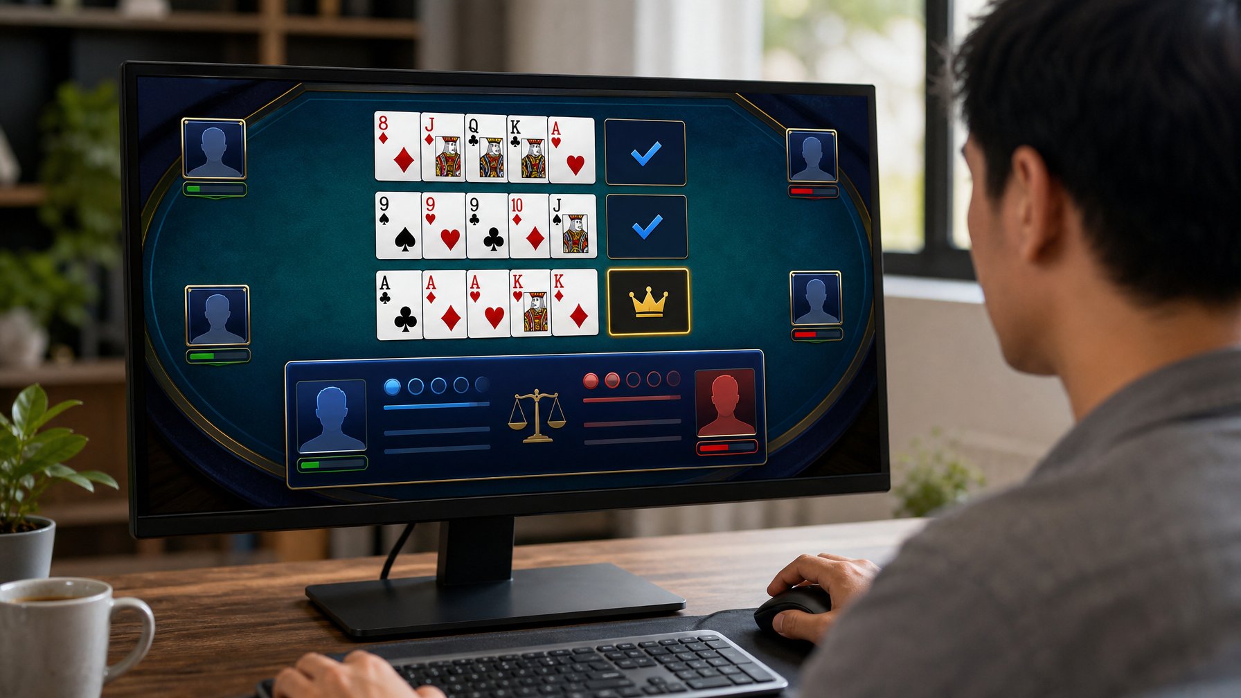 Pemain menyusun tiga baris kartu pada permainan Capsa Susun digital sambil melihat skor dan peringkat di layar komputer.