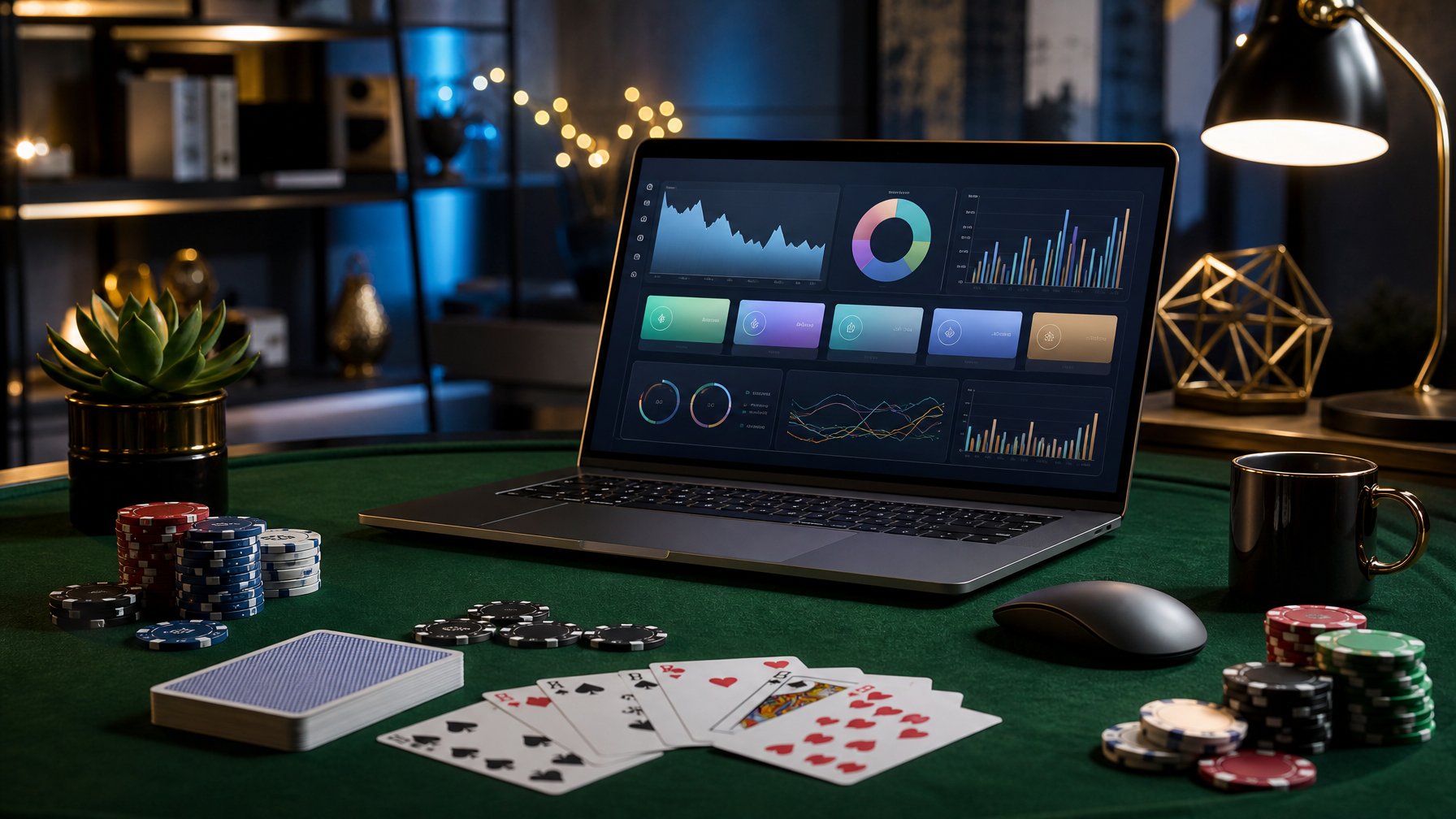 Laptop dengan grafik abstrak di samping kartu remi dan keping taruhan di atas meja hijau.