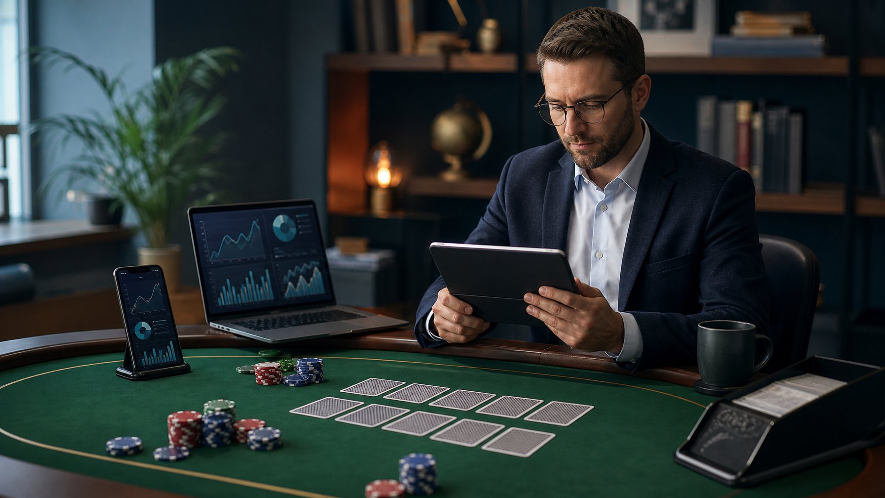 Seorang analis meninjau platform Capsa di ruang kerja modern dengan kartu permainan, laptop, dan tablet.