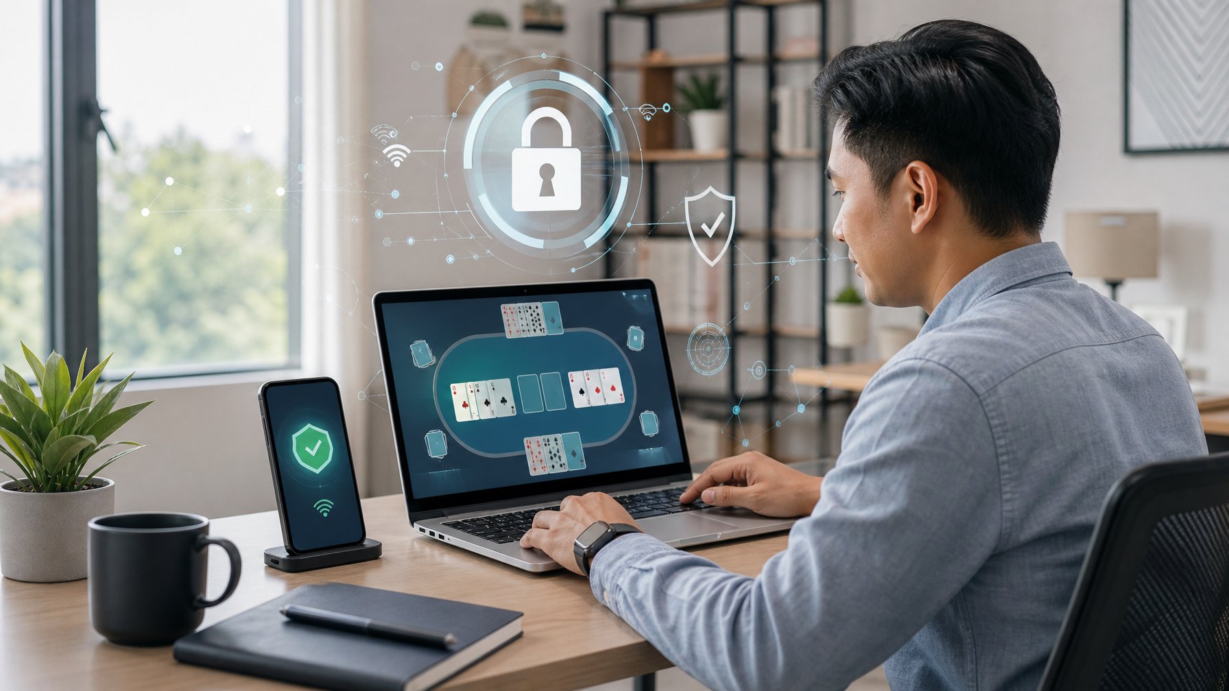 Pengguna dewasa menggunakan laptop dengan simbol keamanan digital dan kartu permainan abstrak di meja kerja modern.