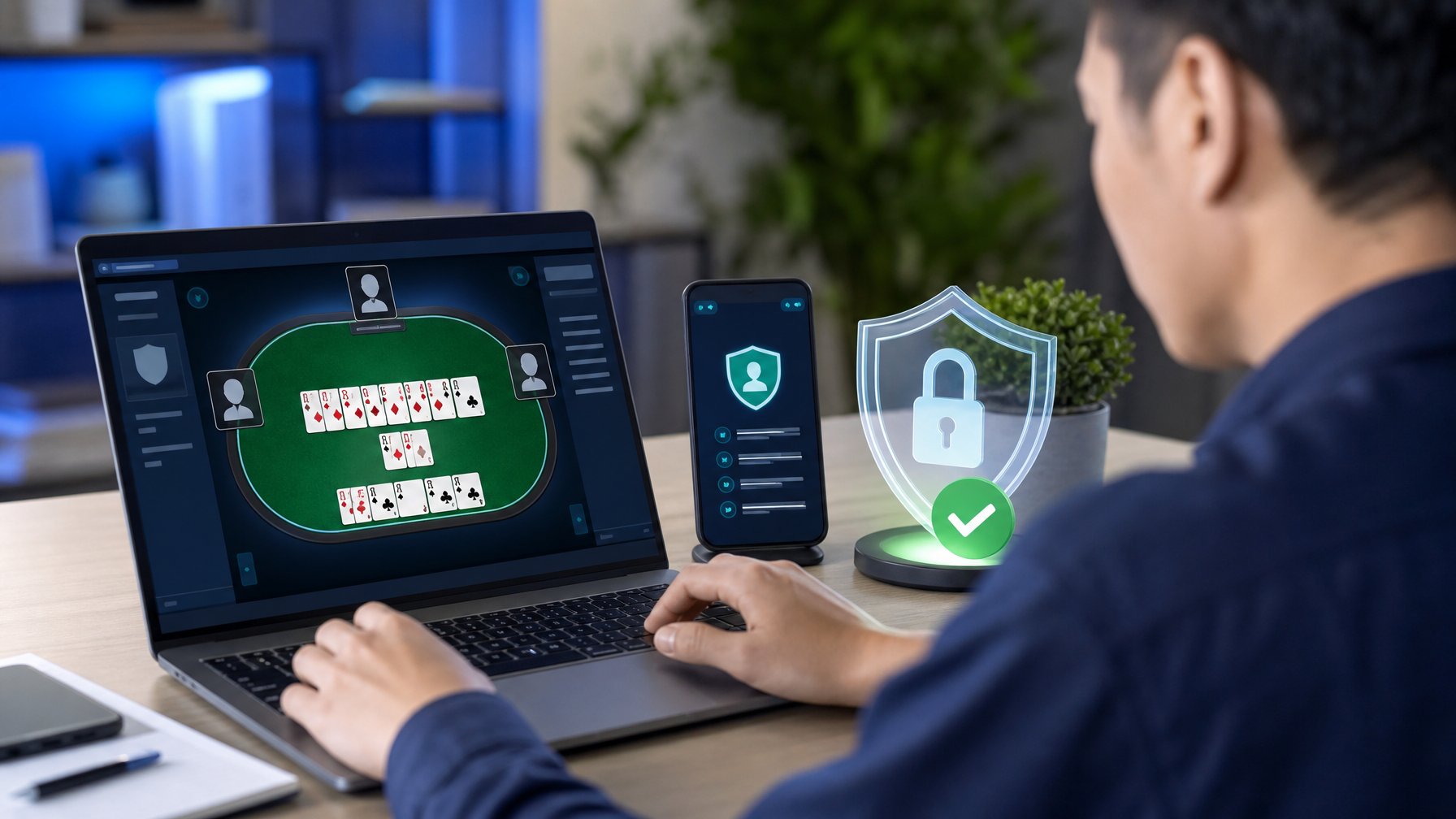 Seseorang memeriksa permainan kartu online pada laptop dengan simbol perisai, centang verifikasi, dan gembok keamanan di meja kerja modern.