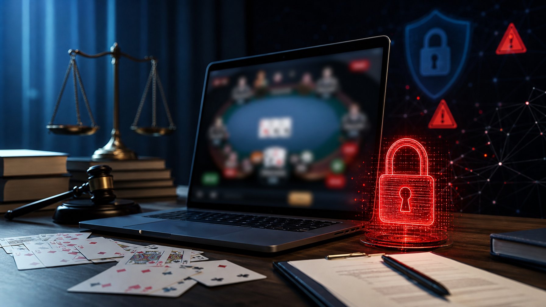 Laptop dengan tampilan permainan kartu daring yang buram, kartu remi, simbol keamanan digital, dan dokumen hukum dalam suasana peringatan.