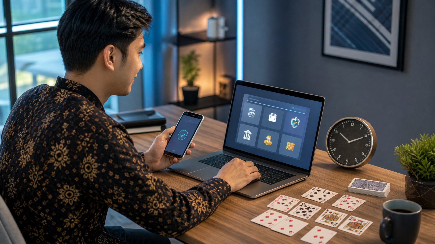 Seorang pemain membandingkan pilihan pembayaran digital di laptop dan ponsel dengan kartu Capsa di meja kerja.