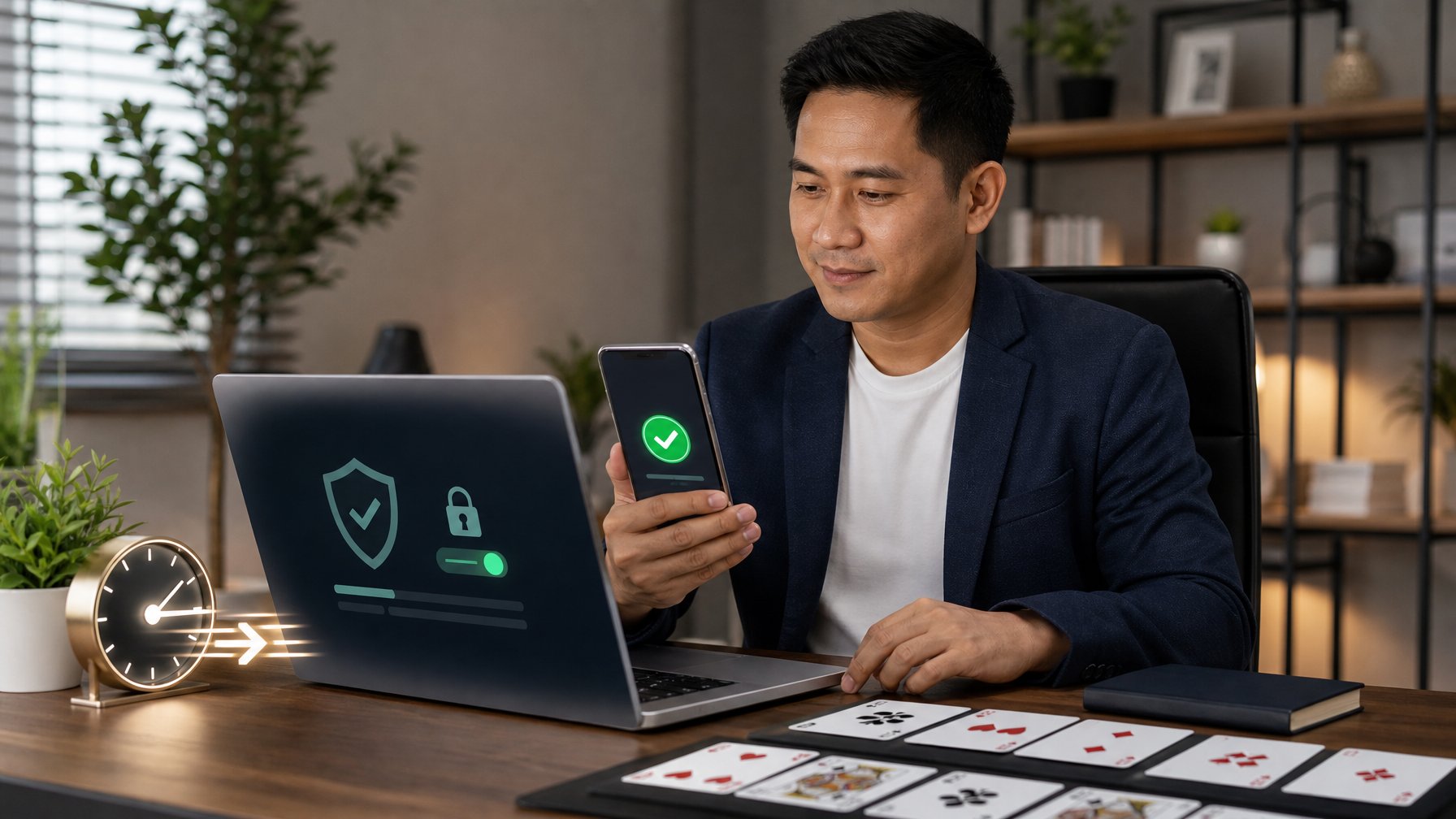 Seorang profesional memeriksa pembayaran digital aman dengan simbol verifikasi dan kartu permainan di meja kerja.