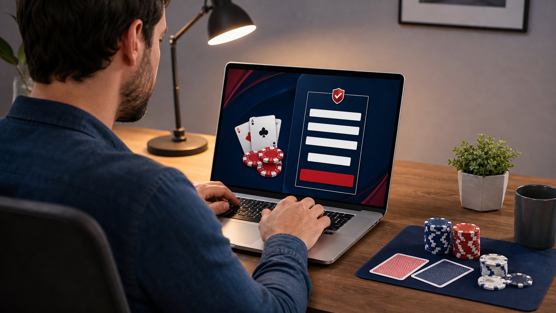 Seseorang menggunakan laptop untuk mendaftar akun permainan kartu daring di meja kerja dengan kartu dan keping poker di sampingnya.