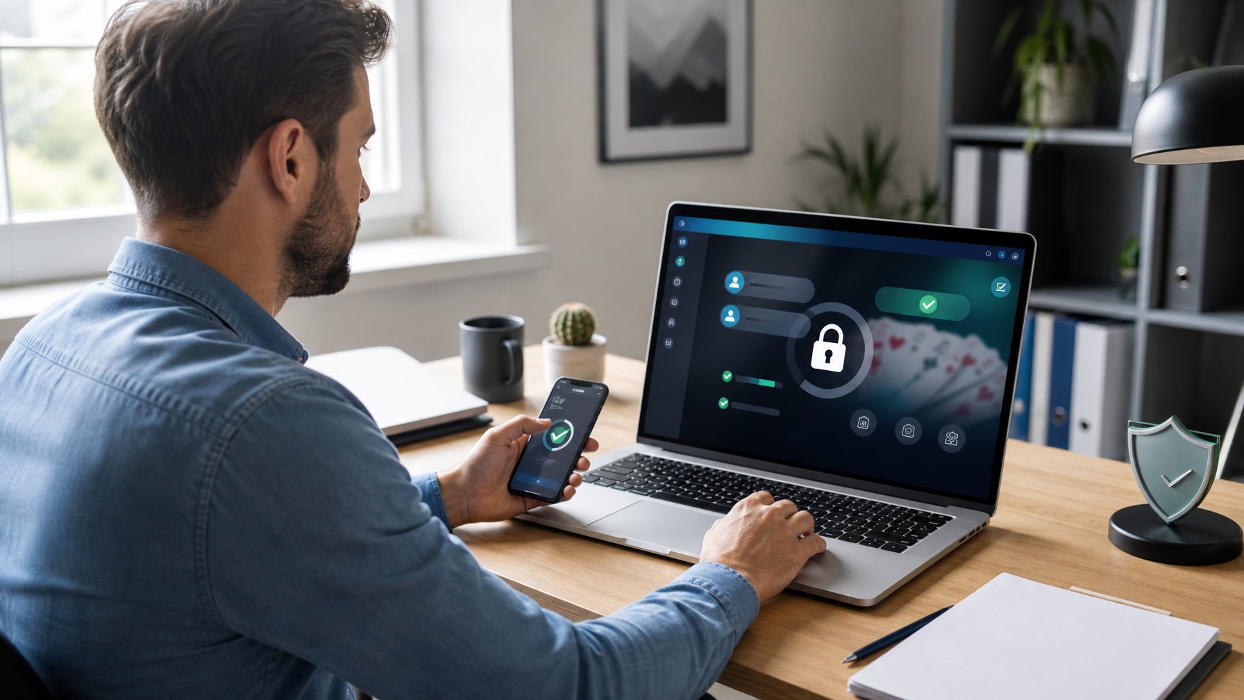 Seseorang memeriksa platform poker daring dengan laptop dan perangkat keamanan di ruang kerja modern.
