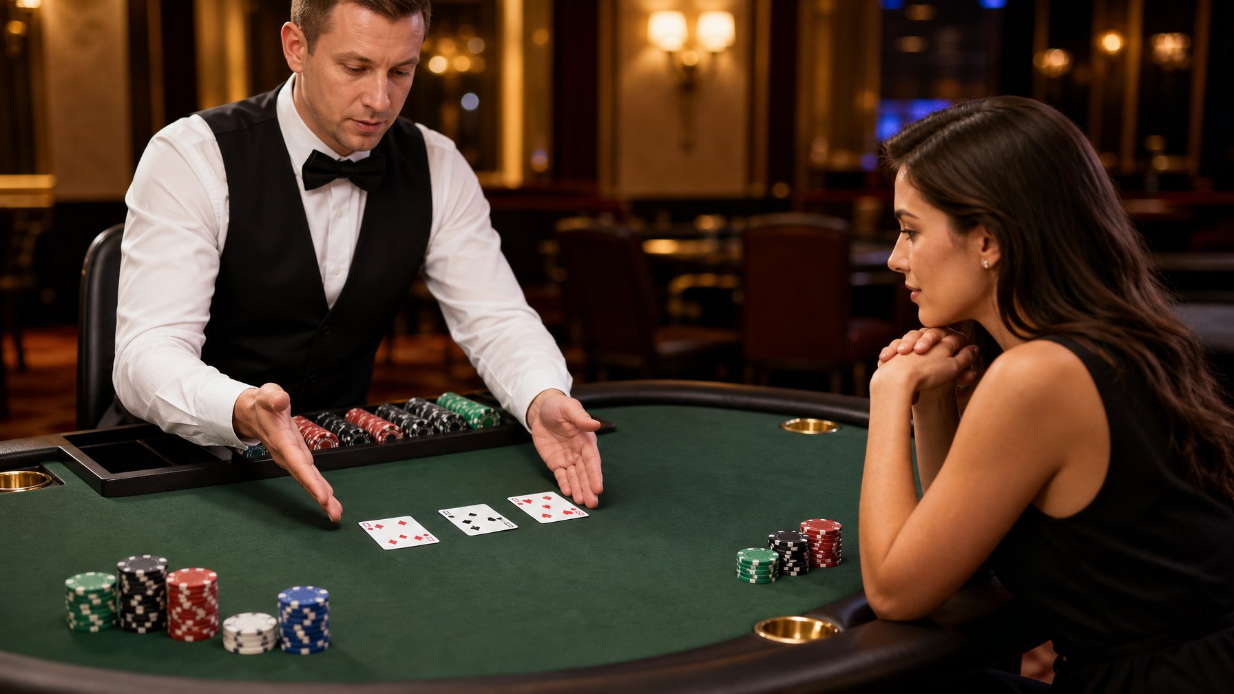 Pemula mengamati kartu dan keping poker di meja permainan Red Dog.