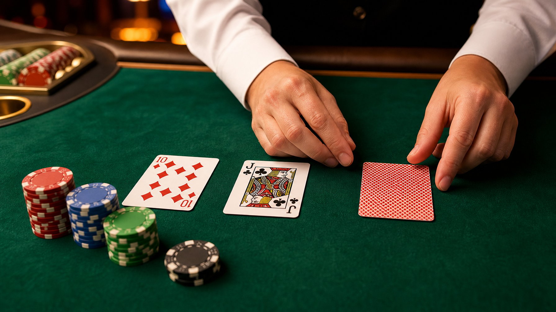 Meja poker dengan dua kartu terbuka, satu kartu tambahan, dan beberapa keping taruhan.