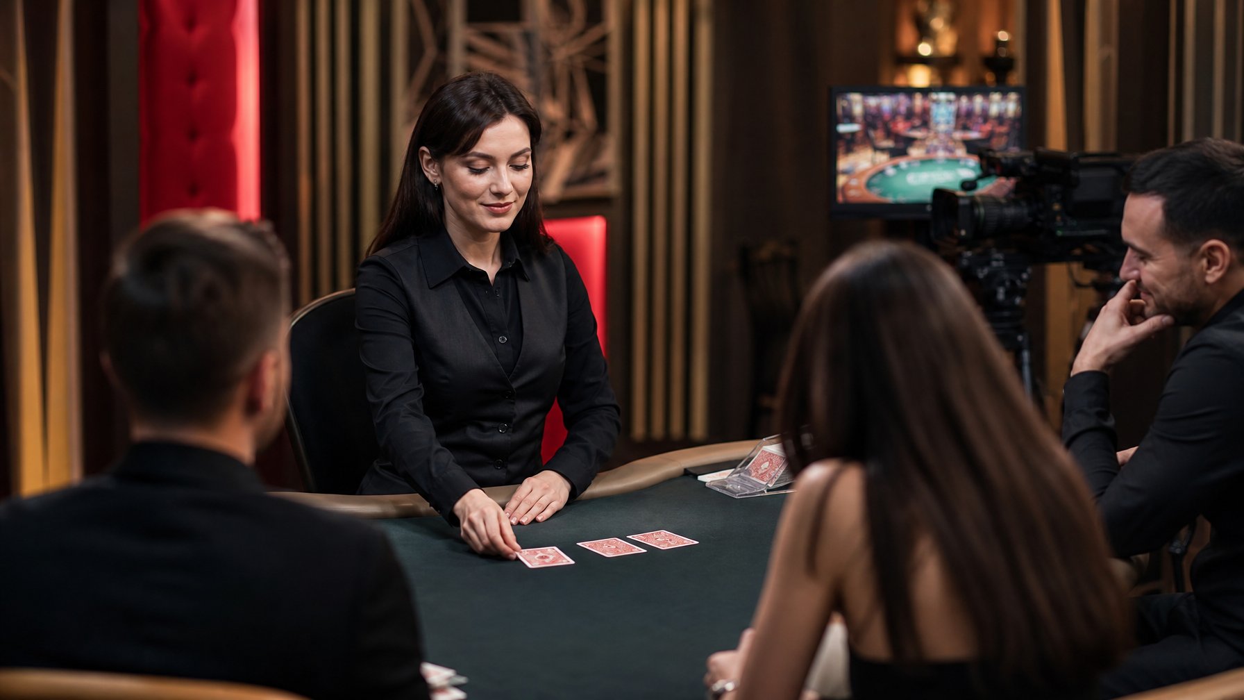 Dealer dan pemain dewasa bermain Red Dog poker di meja kasino dengan kamera siaran di sekitarnya.
