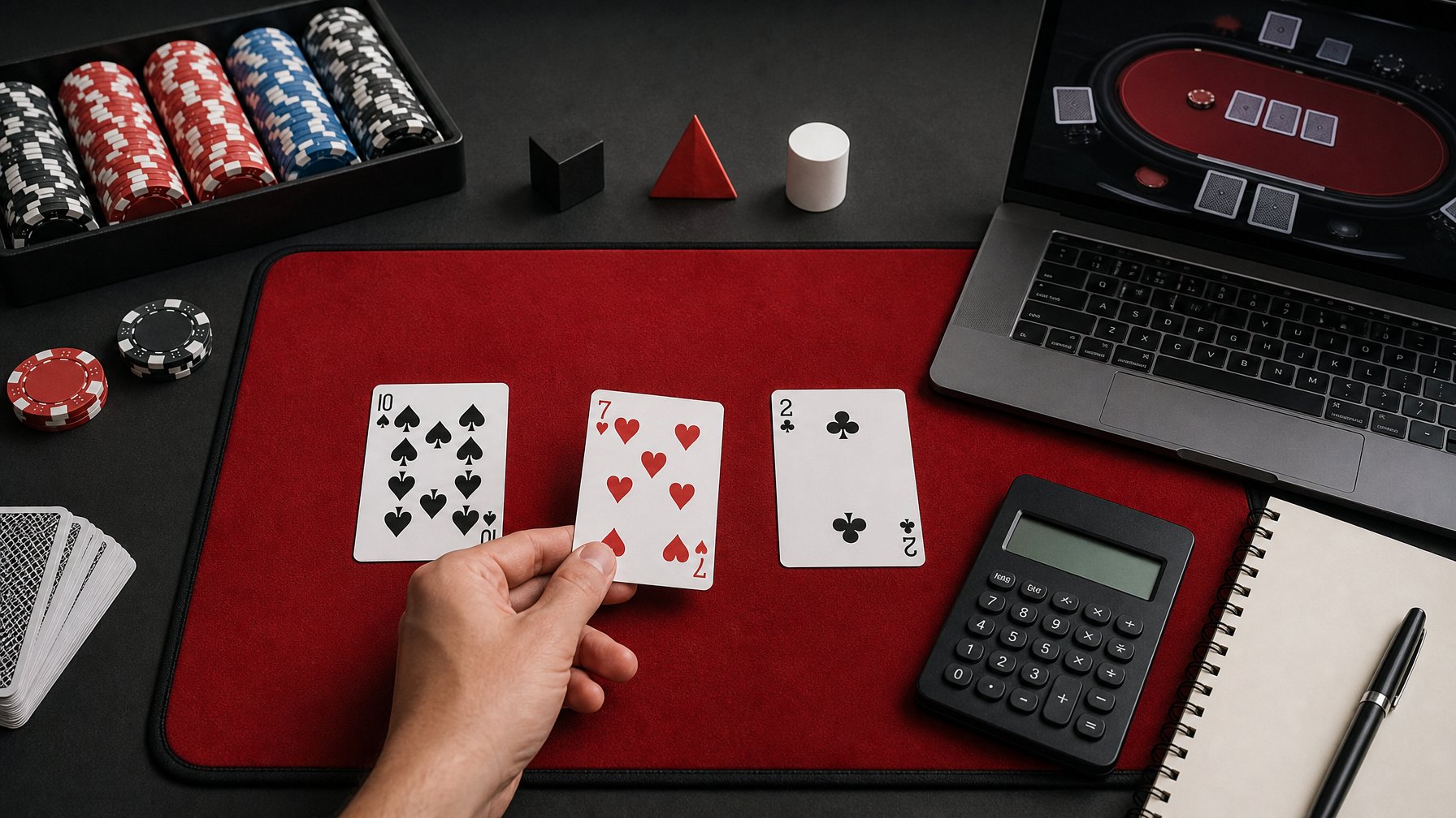 Kartu remi tersusun di atas meja permainan dengan kalkulator dan laptop yang menampilkan antarmuka poker abstrak.