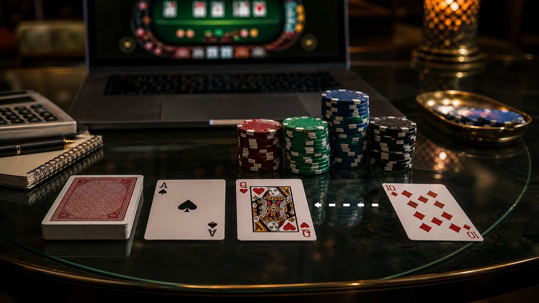 Kartu remi dan chip poker tersusun di meja untuk menggambarkan perhitungan peluang permainan Red Dog.