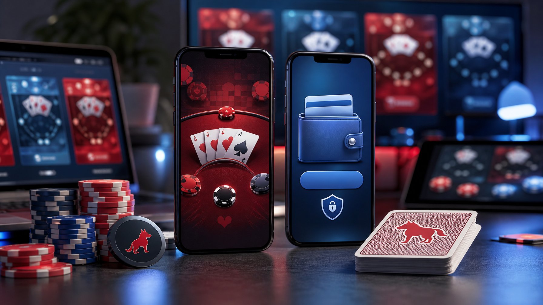 Ponsel dengan tampilan permainan kartu digital berada di samping ponsel lain dan perlengkapan poker di atas meja modern.