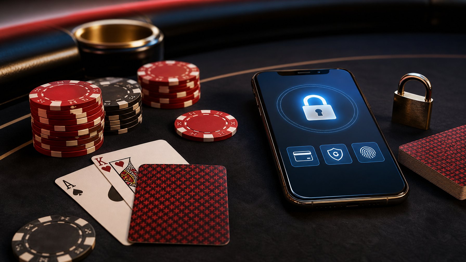 Meja poker dengan kartu, keping taruhan, dan ponsel yang menampilkan simbol keamanan.