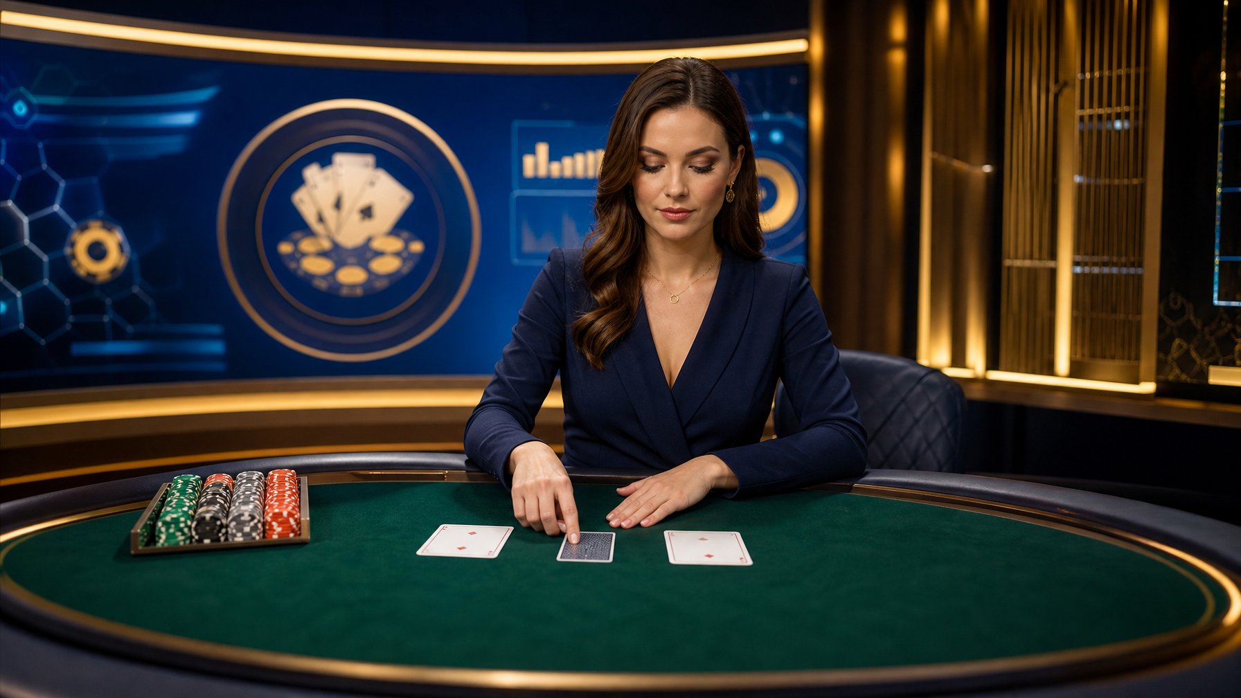 Dealer profesional menata kartu dan keping taruhan di meja poker dalam studio kasino modern.