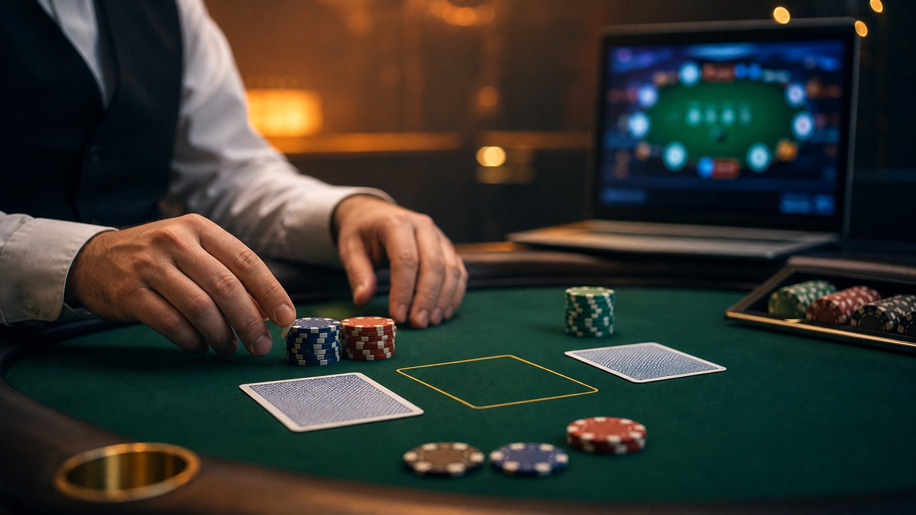Meja poker dengan dua kartu tertutup, keping taruhan, dan layar komputer berlatar suasana kasino.