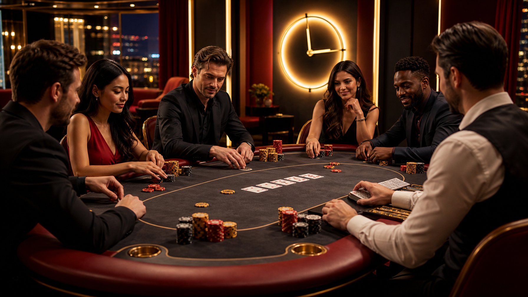 Pemain dewasa bermain poker di meja kasino dengan tumpukan chip merah dan emas dalam suasana elegan.