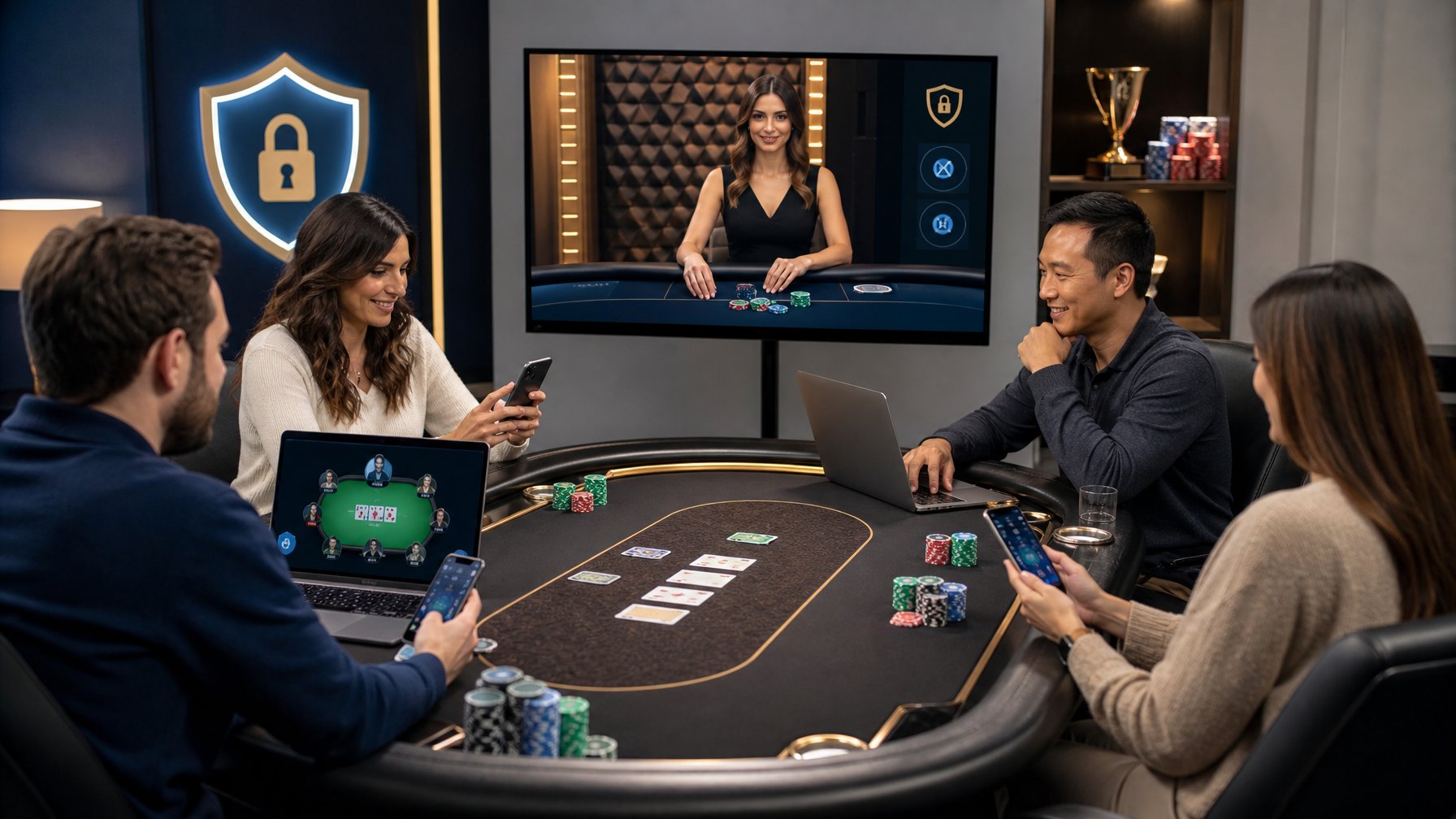 Pemain dewasa menggunakan perangkat digital untuk bermain poker live di lingkungan modern dengan dealer dan meja poker.