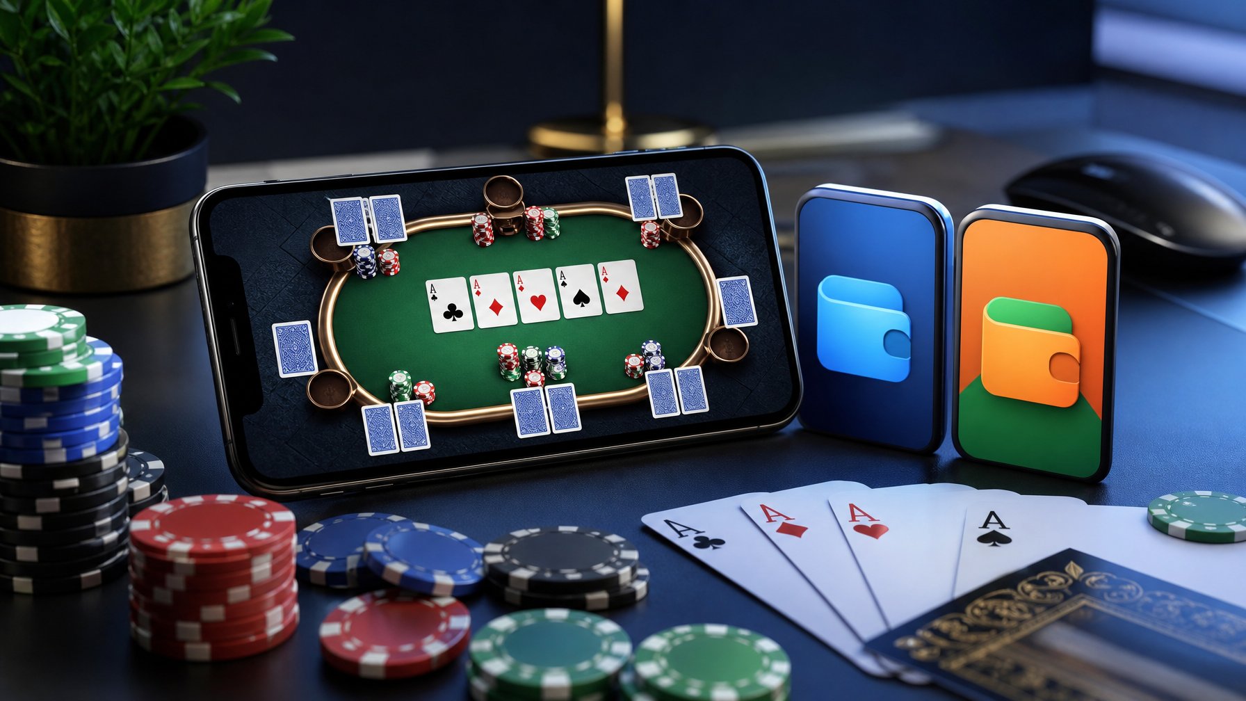 Ponsel menampilkan permainan poker digital dengan kartu, keping poker, dan elemen pembayaran dompet elektronik di atas meja.
