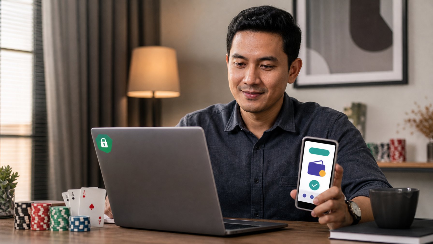 Seorang pengguna meninjau platform poker online yang aman di laptop dengan ponsel dan elemen kartu poker di meja.
