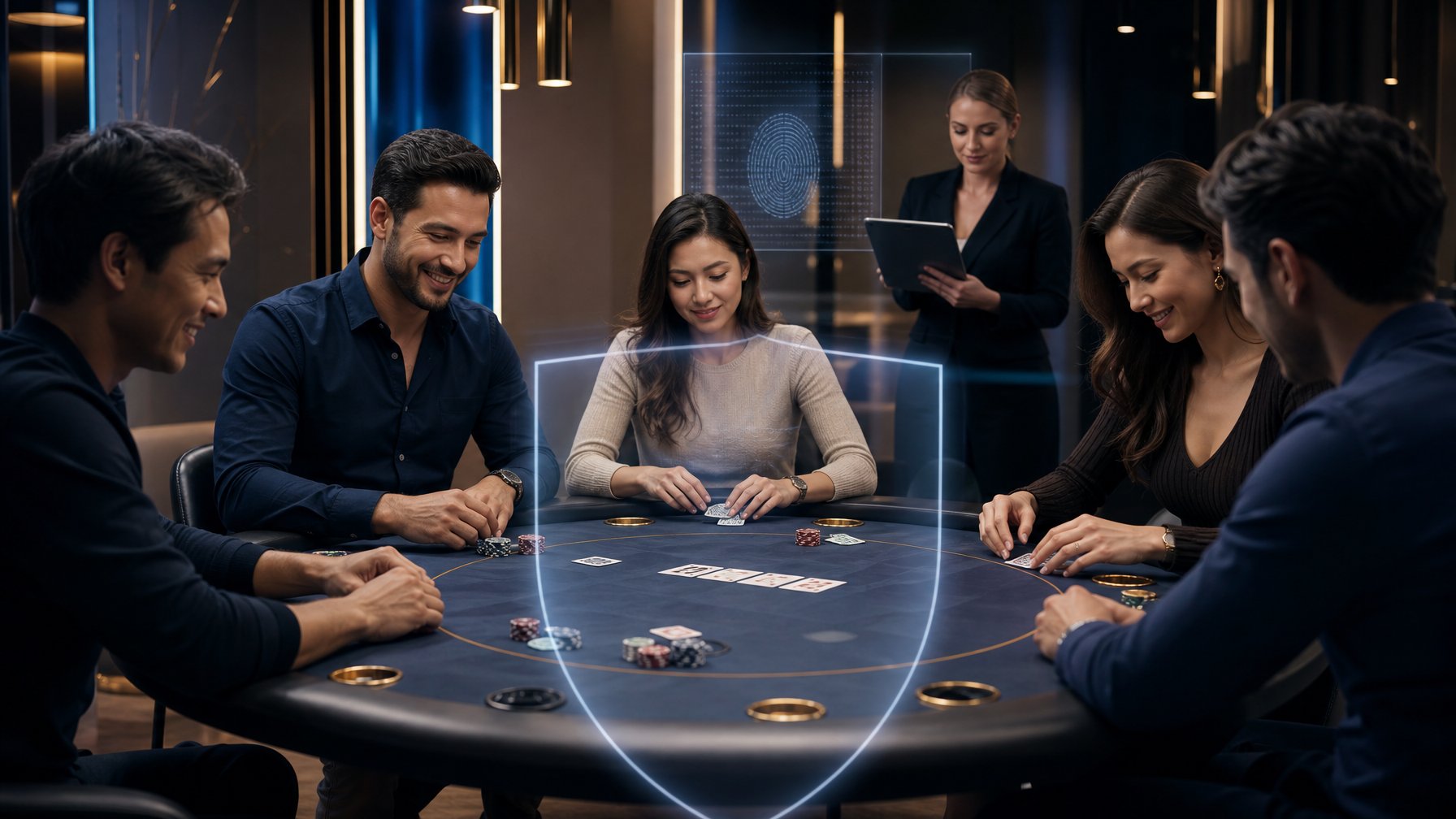 Pemain dewasa berada di meja poker modern dengan elemen keamanan digital dan proses verifikasi di latar belakang.