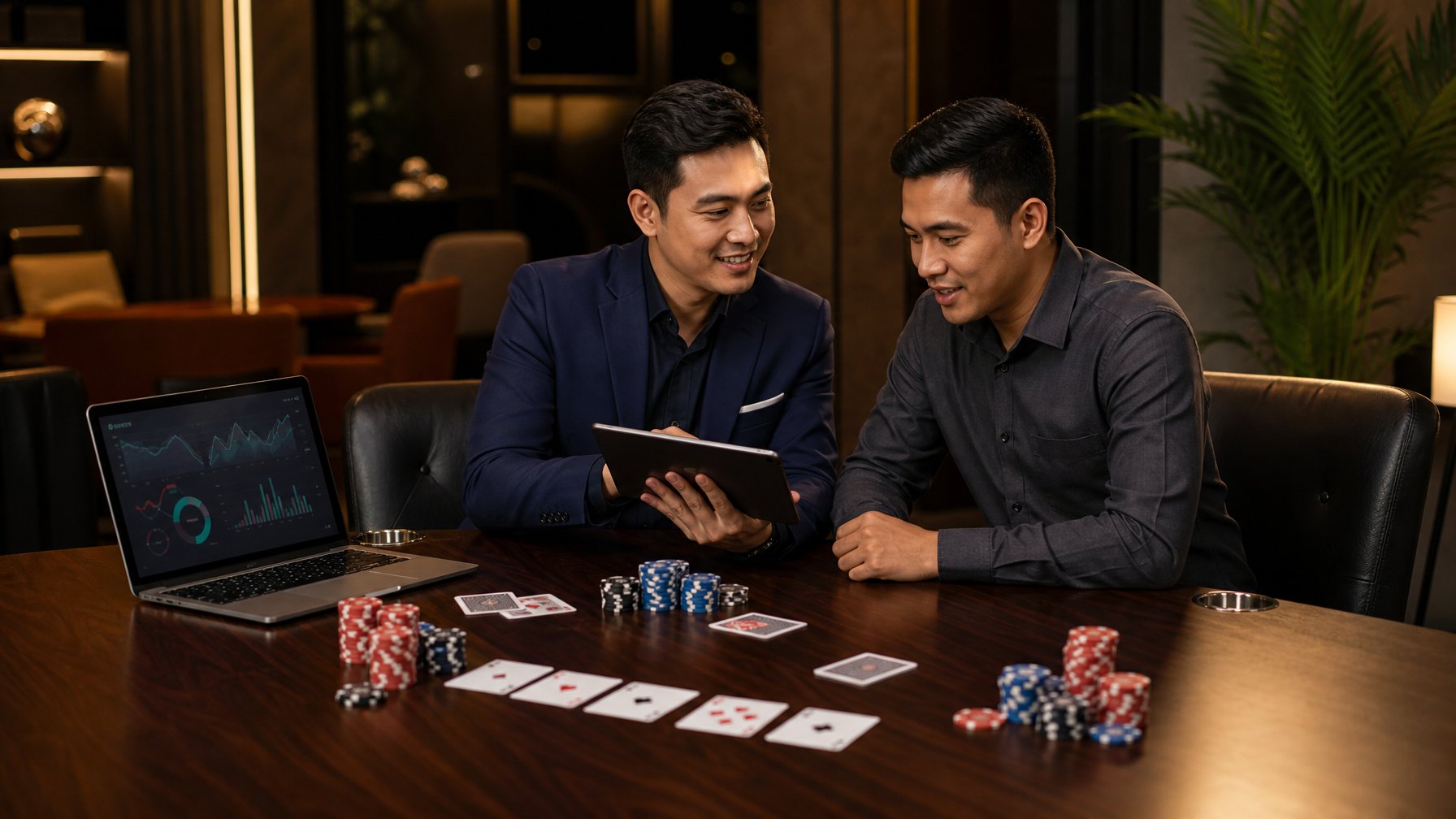 Agen profesional berdiskusi dengan klien di meja permainan kartu dalam ruang modern yang elegan.