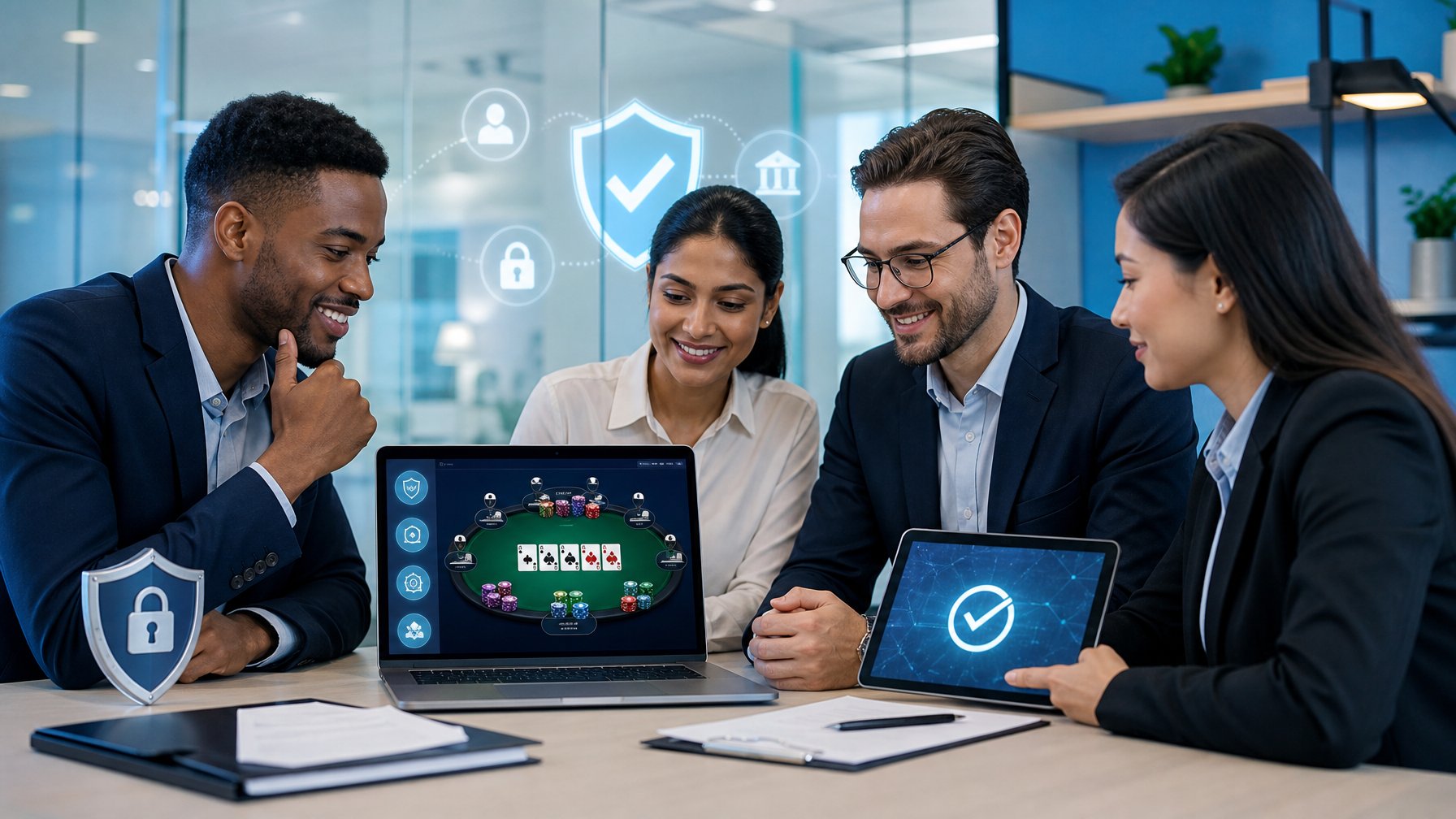 Profesional dewasa meninjau platform poker online yang aman di kantor modern dengan simbol perlindungan dan kepatuhan.