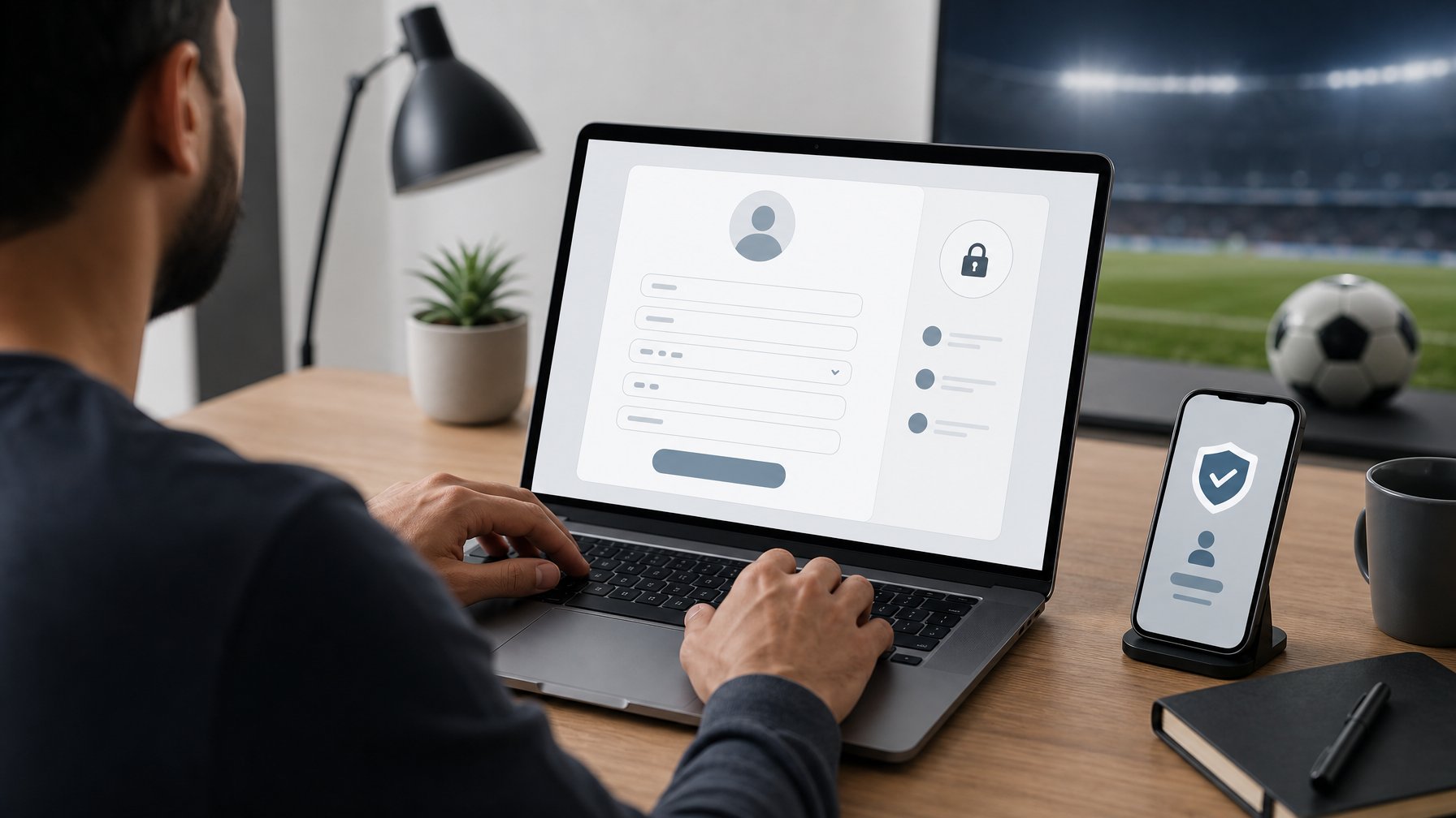 Seseorang menggunakan laptop untuk membuat akun pada platform olahraga digital yang aman.