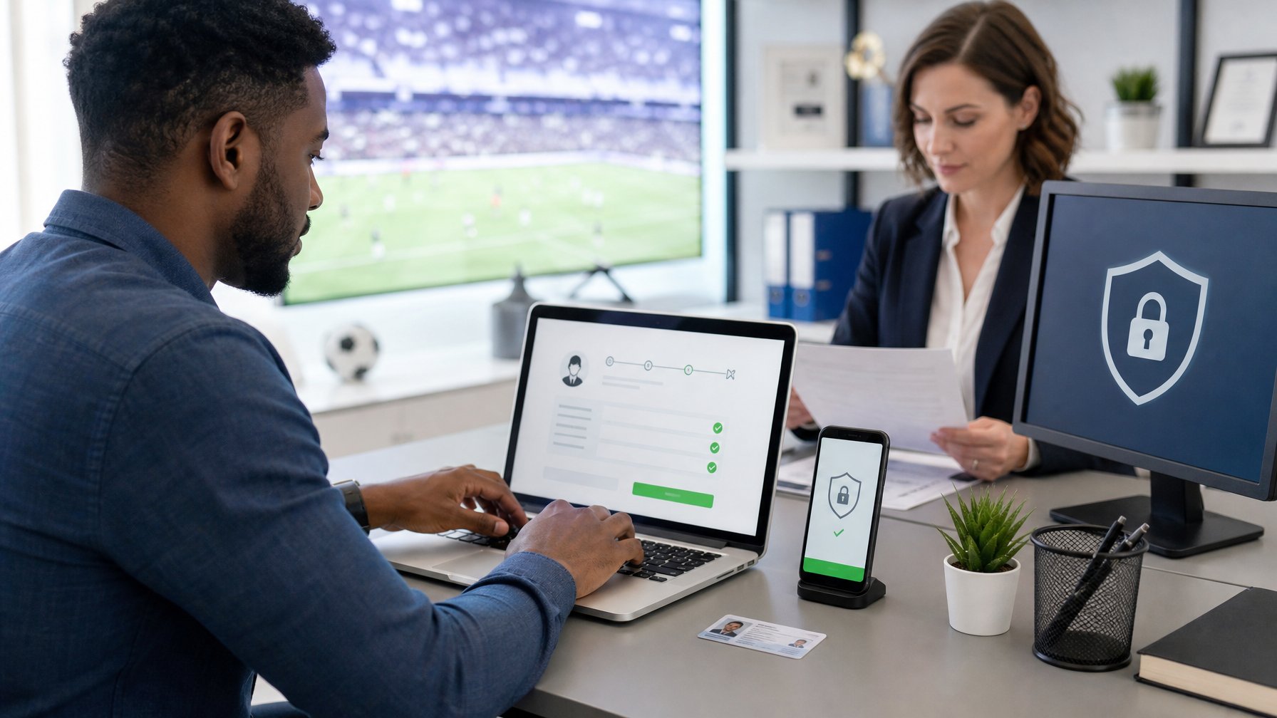 Orang dewasa memverifikasi akun platform olahraga secara aman di laptop dengan dokumen identitas dan simbol perlindungan data.