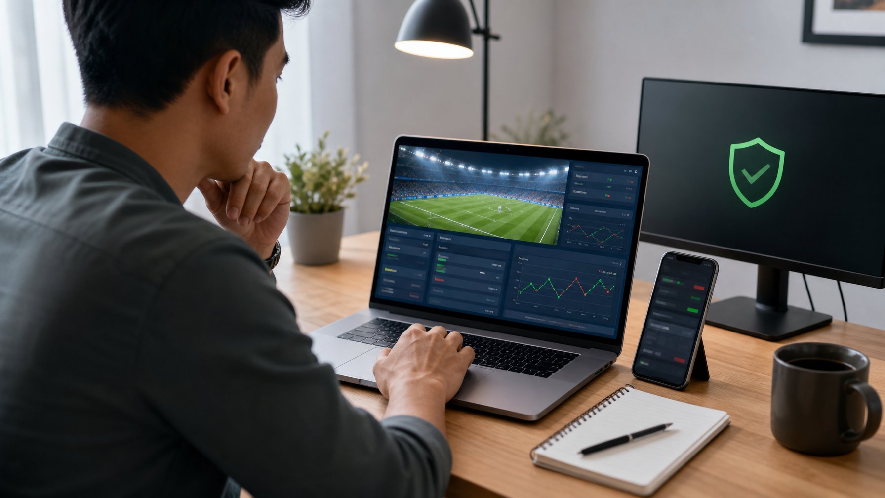 Orang dewasa meninjau statistik olahraga pada laptop di ruang kerja modern.