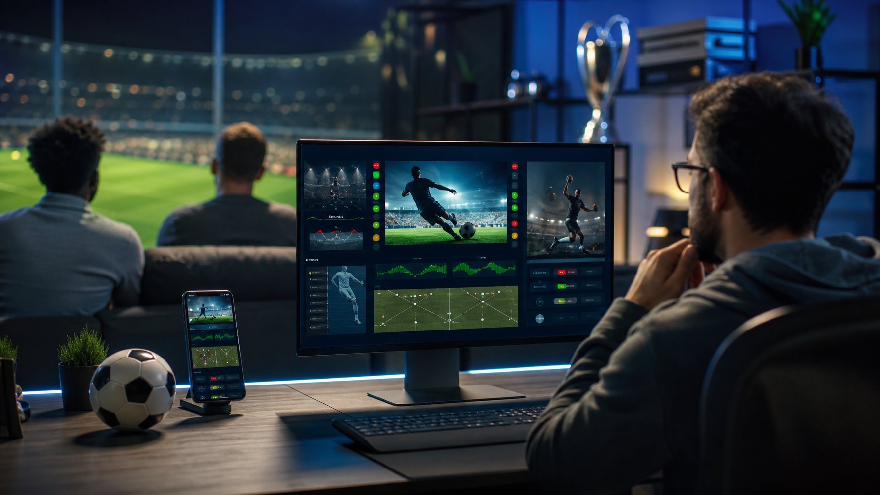 Penggemar olahraga melihat layar yang menampilkan siaran pertandingan sepak bola dan basket secara langsung.