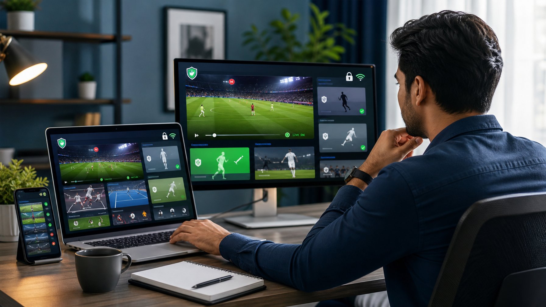 Seseorang membandingkan platform streaming olahraga di laptop dan monitor dalam ruang kerja modern.