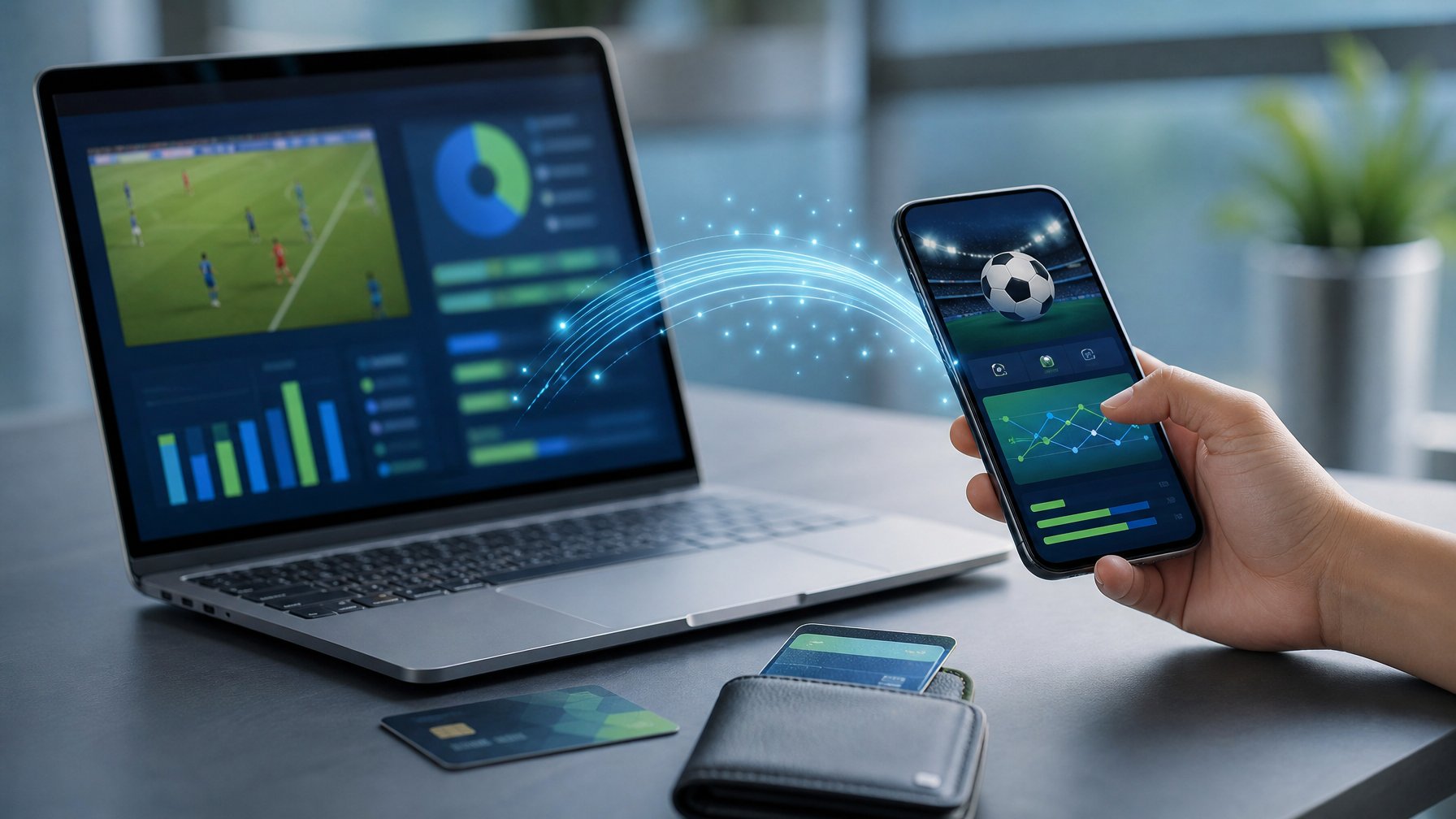 Seseorang menggunakan ponsel di samping laptop dengan tampilan analisis pertandingan sepak bola dan pembayaran digital.