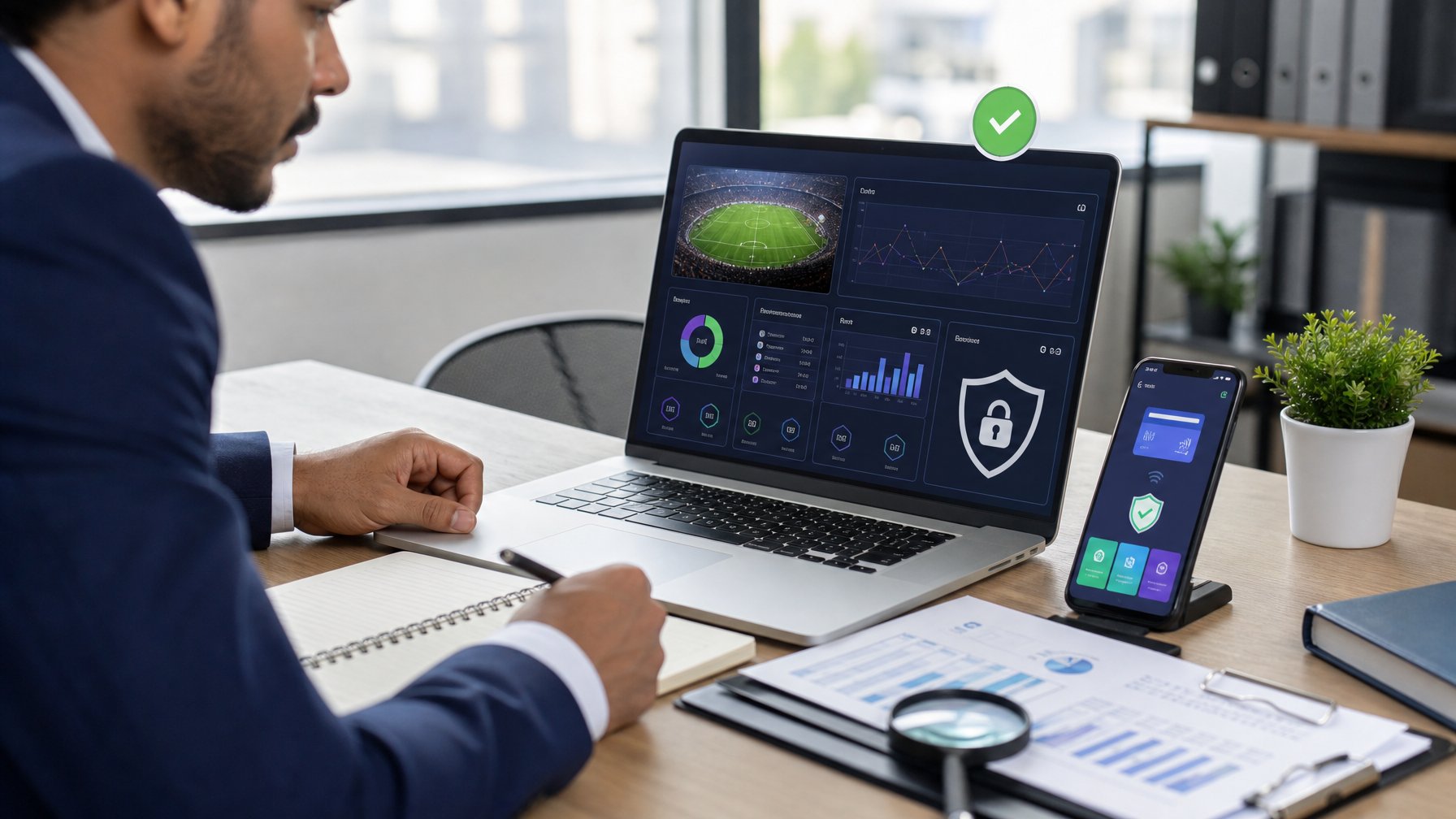 Seorang analis meninjau dashboard olahraga dan keamanan digital di laptop dengan ponsel pembayaran di meja.