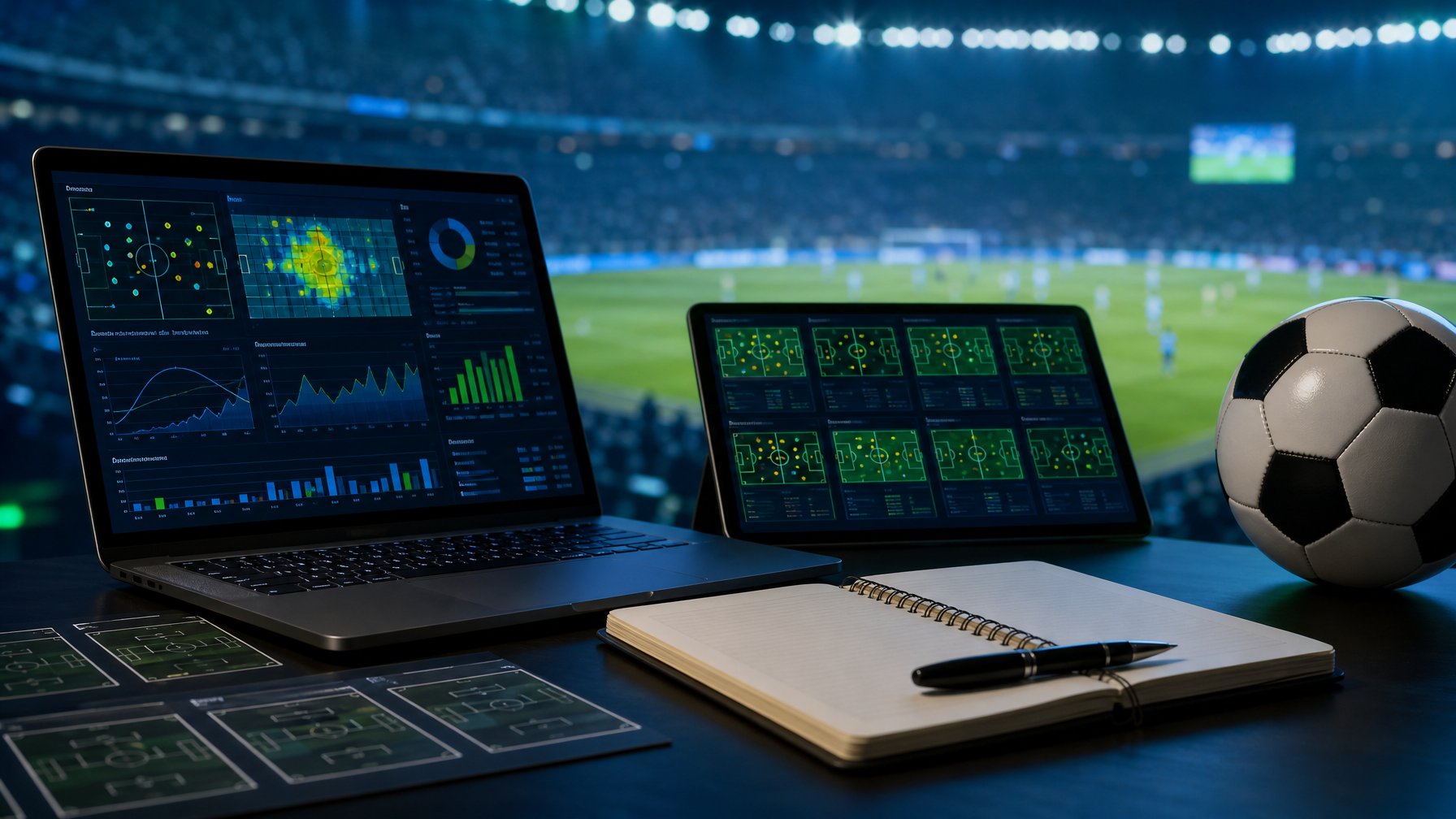 Meja analis olahraga dengan laptop, tablet, catatan kosong, dan bola di depan stadion sepak bola yang bercahaya.