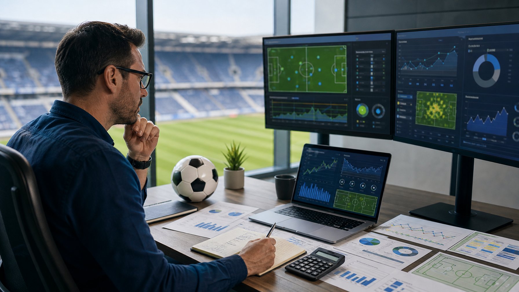 Analis olahraga memeriksa statistik pertandingan sepak bola di meja kerja dengan laptop, grafik, dan bola.