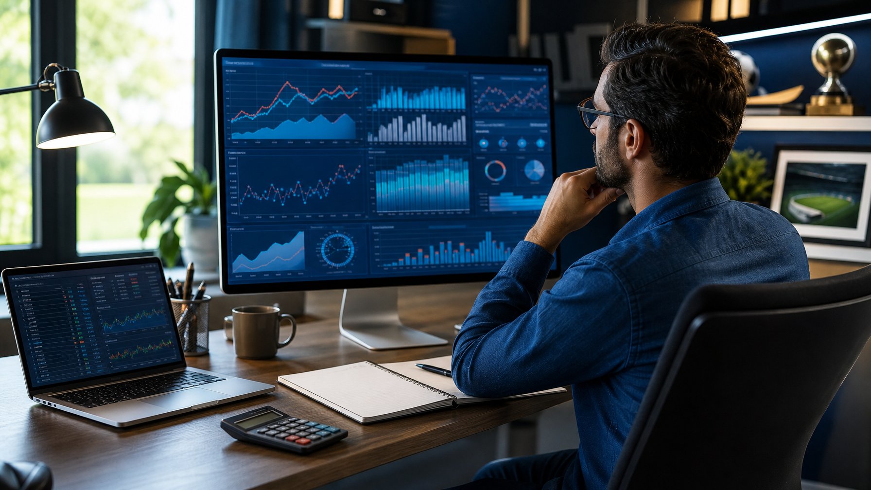 Seorang analis memeriksa grafik statistik pertandingan olahraga di ruang kerja modern.