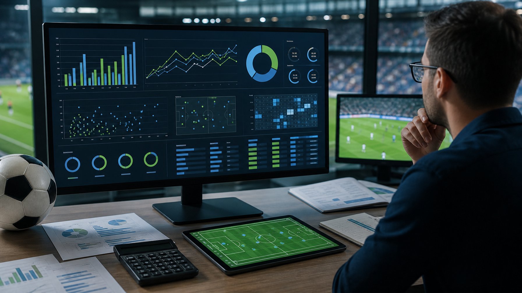 Analis olahraga meninjau grafik statistik pertandingan di ruang kerja dengan bola sepak di atas meja.