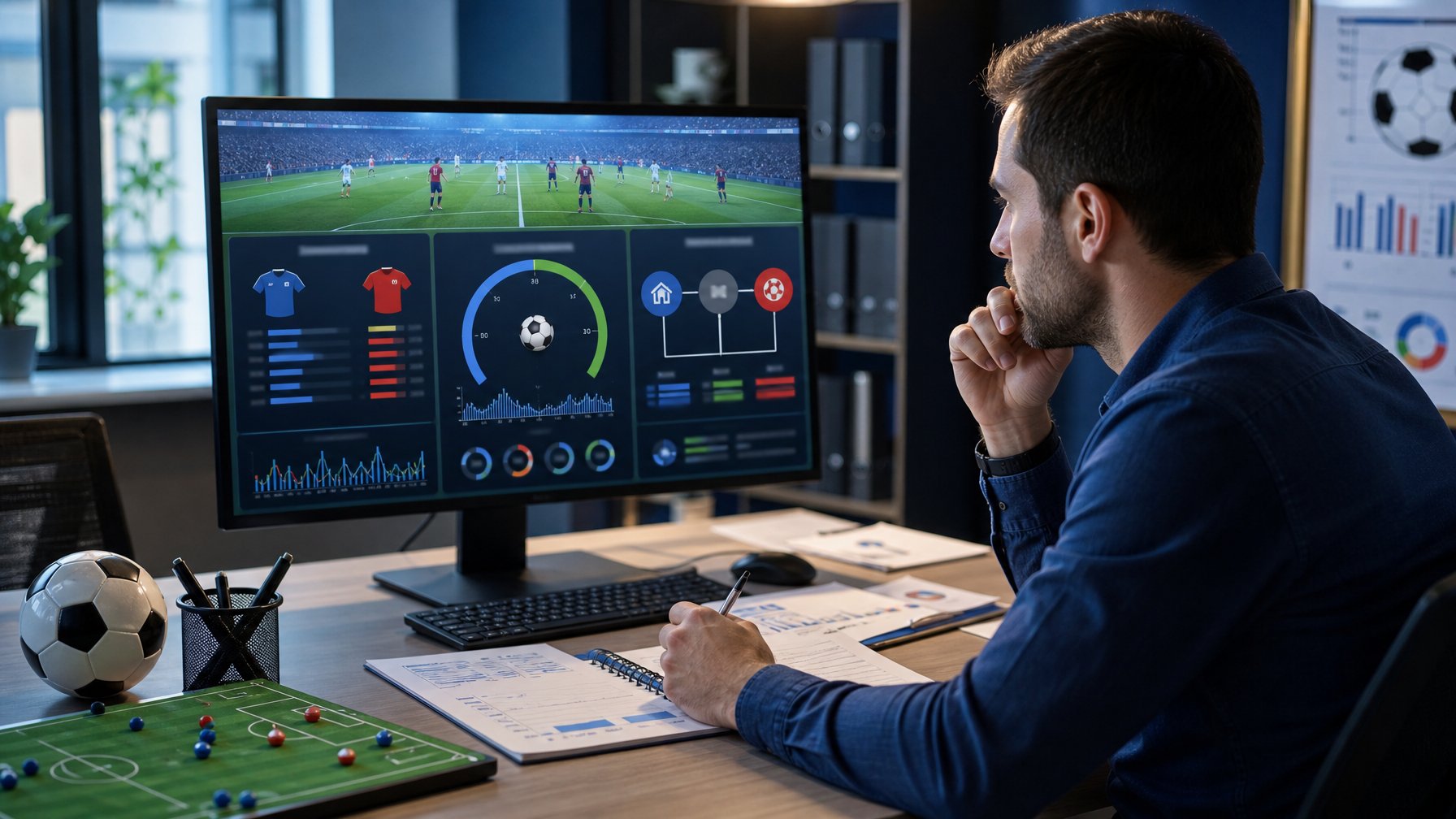 Seorang analis mempelajari data pertandingan sepak bola dengan simbol peluang dan hasil pertandingan di layar.