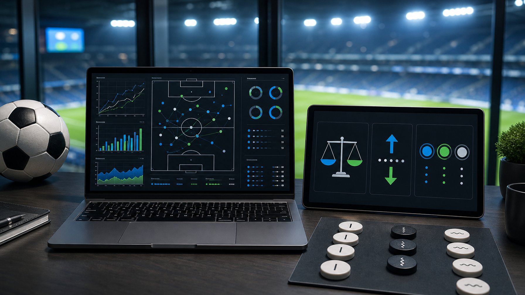 Meja kerja modern dengan laptop analisis pertandingan, tablet, bola sepak, dan latar lapangan stadion yang buram.