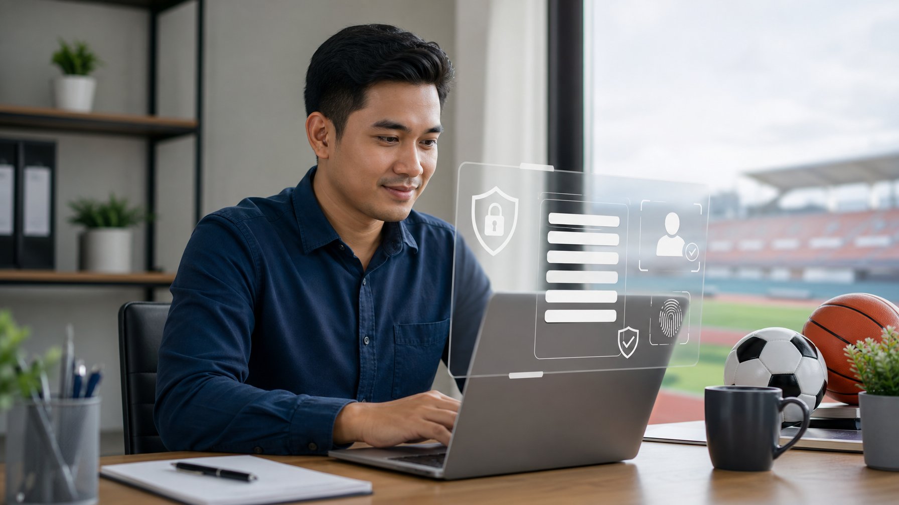 Seorang profesional menggunakan laptop untuk mengisi pendaftaran akun digital yang aman di meja kerja modern.