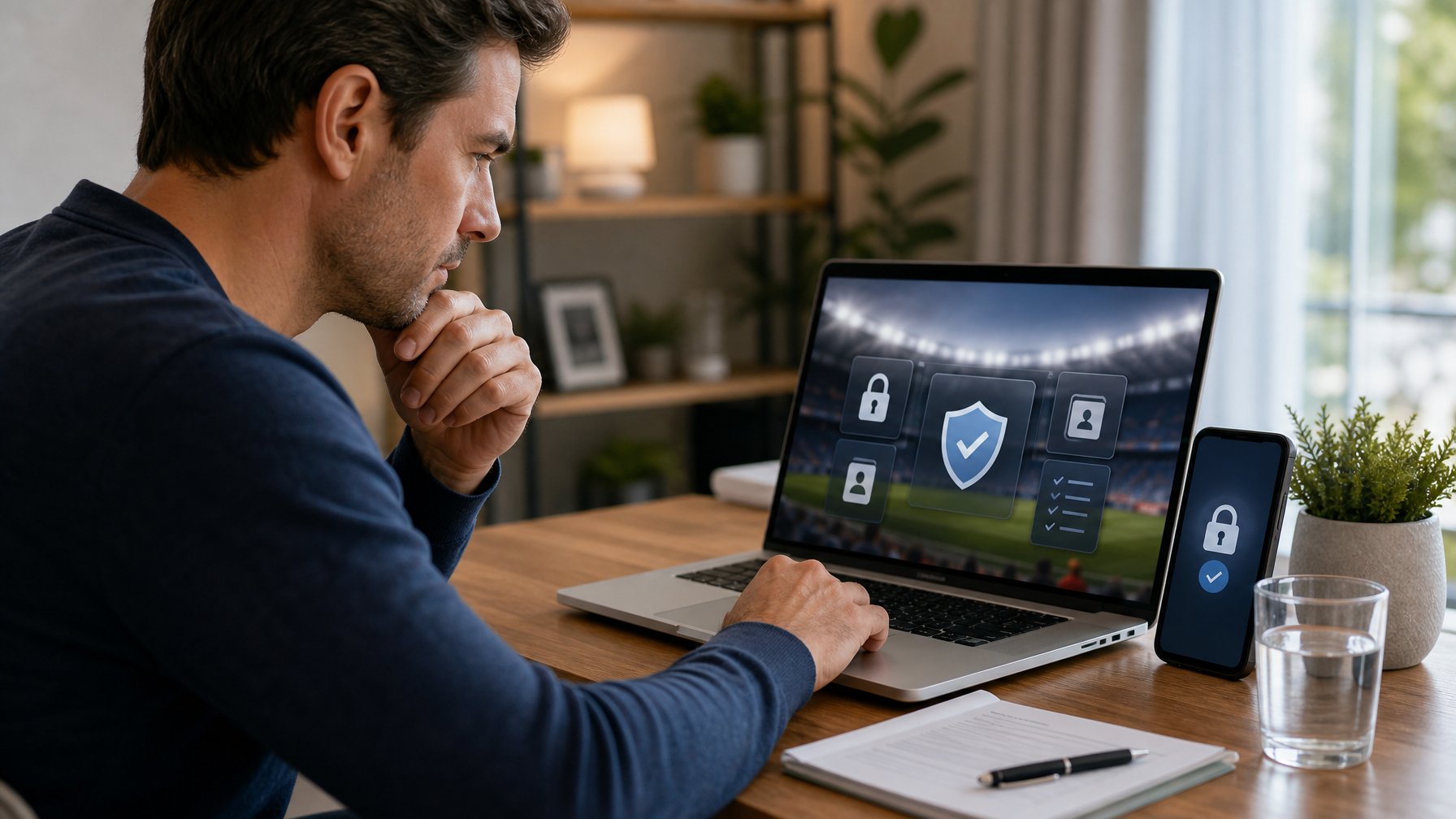 Orang dewasa memeriksa keamanan dan verifikasi platform olahraga daring di laptop pada meja kerja.