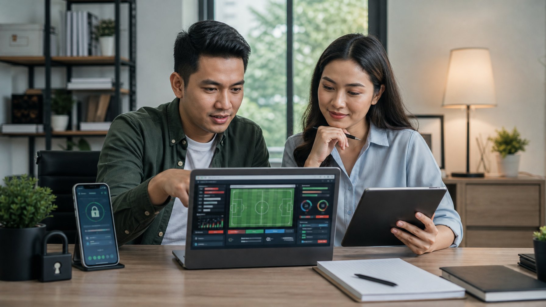 Dua orang dewasa meninjau statistik pertandingan olahraga menggunakan laptop dan tablet di ruang kerja modern.